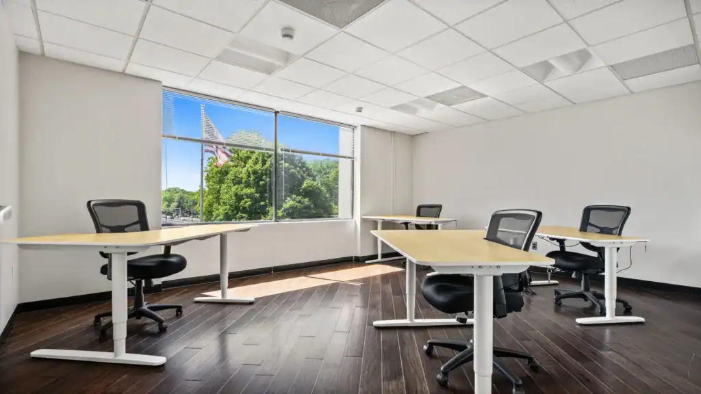 Bright team office with four desks, chairs, and large window overlooking trees.